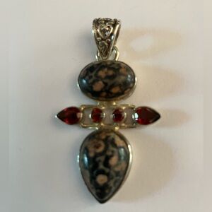 Sterling Silver Leopard Skin Jasper Garnet Artisan Style Pendant (no chain)